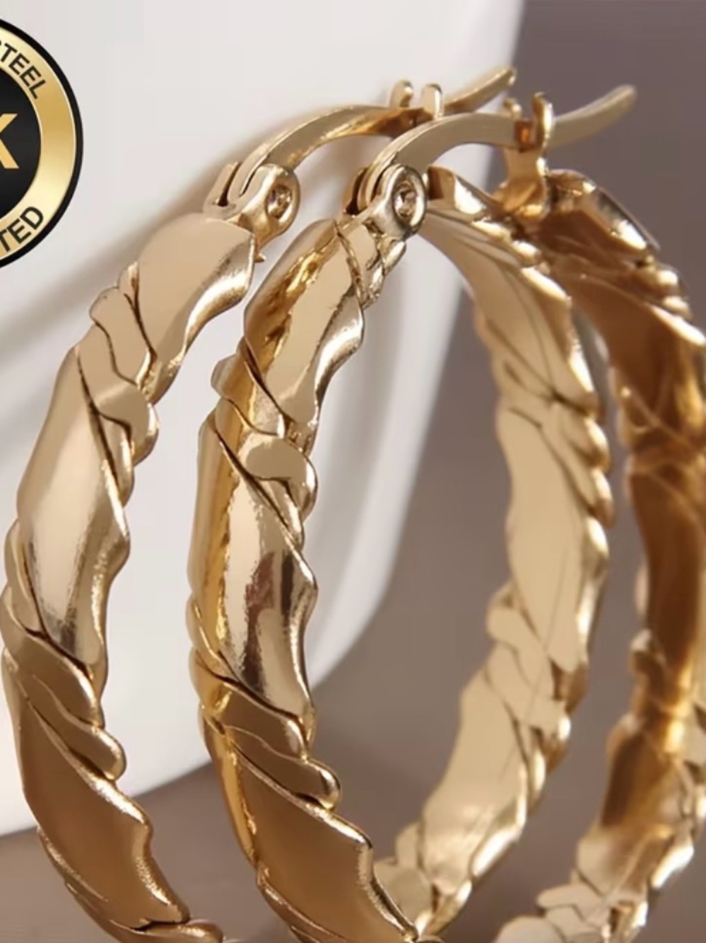 18K Gold-Plated Stainless Steel Twisted Hoop Earrings - Golden - Picture 2 of 9
